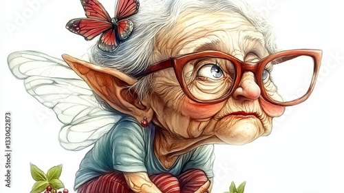 An enchanting illustration of an elderly fairy with oversized glasses and a butterfly, merging elements of magic and whimsical charm in the aging process.