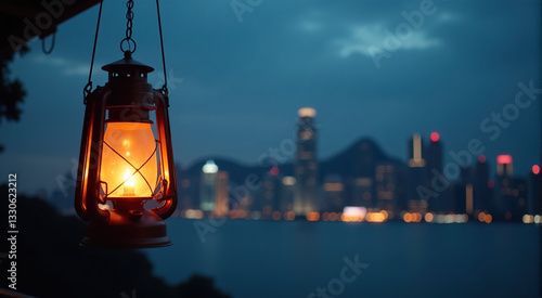 A glowing vintage lantern hangs against a blurred cityscape at dusk.