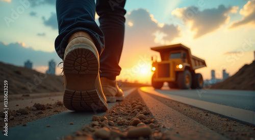 Construction worker walking away at sunset. Low angle view. Focus on boots and legs. photo