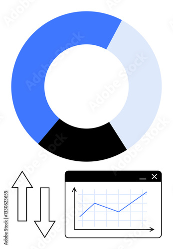 Pie chart, arrows, and line graph representing data analysis, trends, comparison, performance measurement. Ideal for finance, business strategy, analytics reporting decision-making growth metaphor