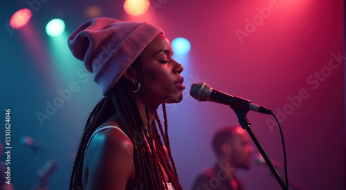 Young Black woman singing passionately into a microphone on stage at a concert. Colorful lights create a dramatic atmosphere.