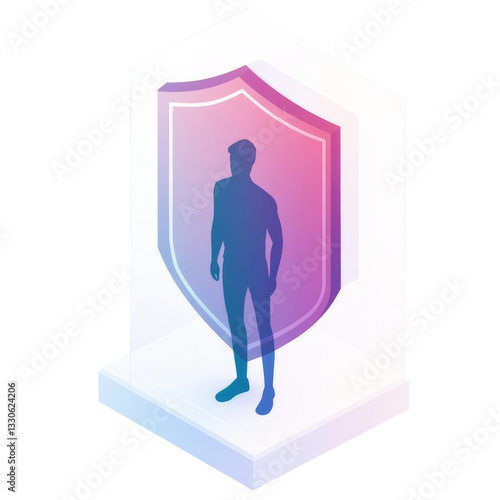 Holographic security shield with human figure isolated. A futuristic, 3D digital protection concept featuring a person silhouette inside a glowing shield. AI generated.  .