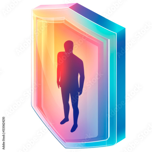 Futuristic security shield with human figure isolated. A glowing, 3D holographic shield enclosing a person silhouette, symbolizing digital protection and cybersecurity. AI generated.  .