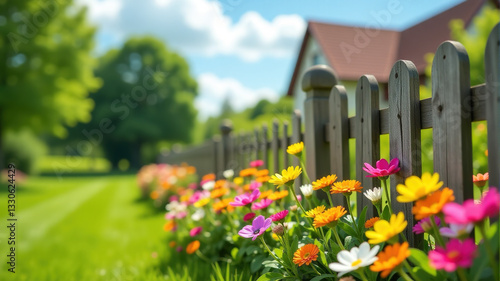 Vibrant colorful flowers blooming along a wooden fence in a sunny garden.  Perfect for real estate, gardening, or spring themes.