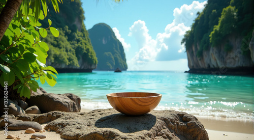 Empty wooden bowl on a tropical beach with turquoise water and lush cliffs. Perfect for wellness, travel, and food related content.