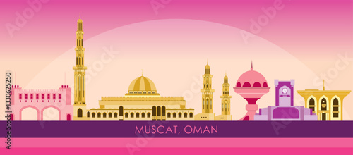 Sunset Skyline panorama of city of Muscat, Oman - vector illustration