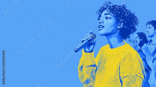 A Black teen hosting a poetry slam at the library Pop art aesthetics illustration.