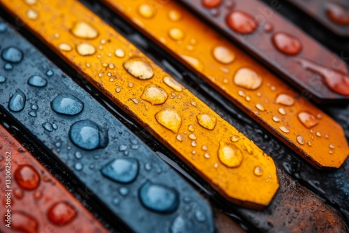 A close-up of acid rain droplets on a metal surface, leaving behind corroded streaks and vibrant, unnatural colors