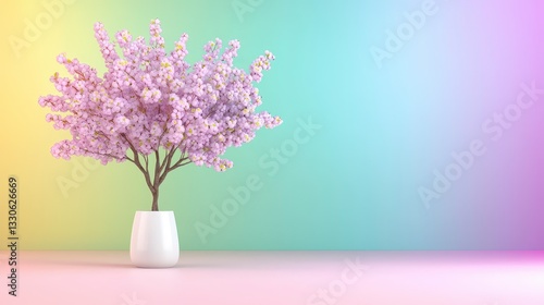 Pastel Pink Cherry Blossom Tree in White Pot Against Rainbow Gradient Background