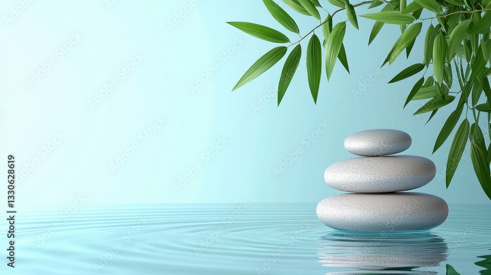 Three Grey Stones Balanced on Water with Green Leaves Three Grey Stones Balanced on Water with Green Leaves