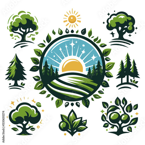 Wektorowy logotyp z ilustracją przyrody w stylu kolorowego modernizmu na izolowanym przezroczystym tle clipart, idealny do brandingu, ekologii i nowoczesnych projektów kreatywnych.