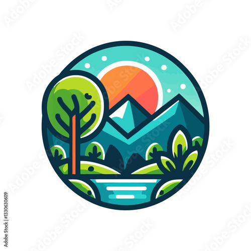 Logotipo ilustrativo de naturaleza en estilo colorido moderno sobre fondo transparente en formato vectorial. Elementos coloridos, diseño moderno, armonía con la naturaleza. Ideal para eco-branding