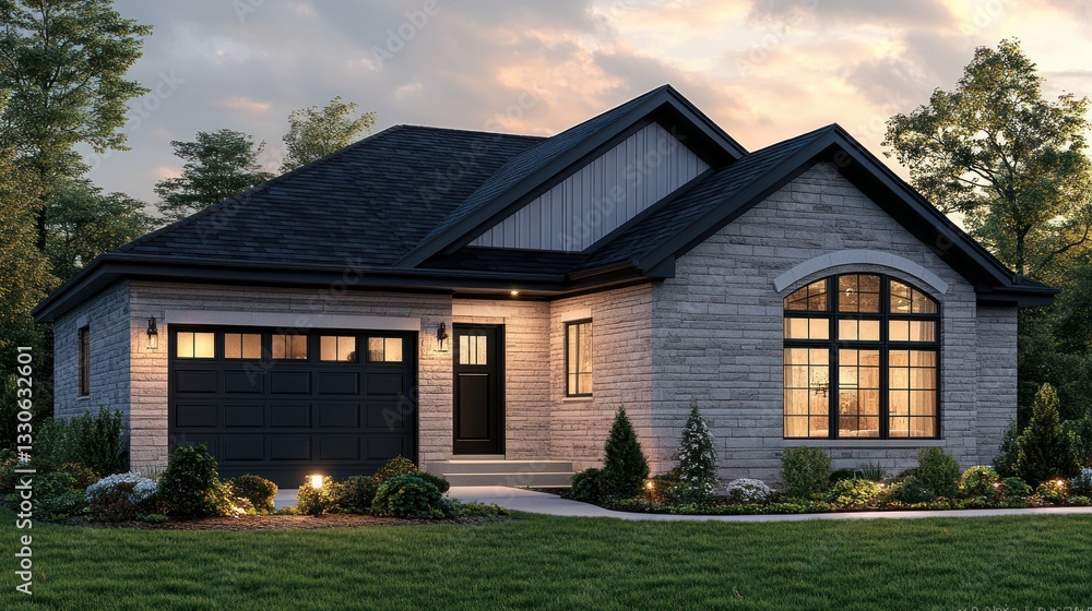 Modern single-story home with stone & black accents, attached garage, and landscaped yard Modern single-story home with stone & black accents, attached garage, and landscaped yard