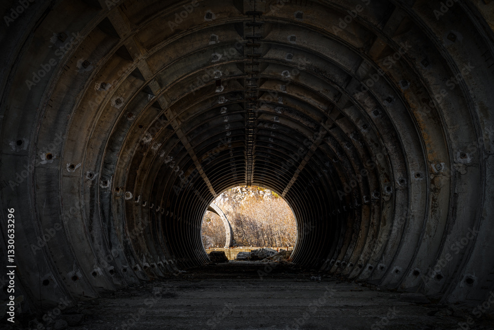 A dark tunnel in an abandoned concrete cylindrical structure. Ruins of old Soviet military warehouses from the Cold War. View inside an empty concrete hangar. Magadan region, Siberia, Russian Far East