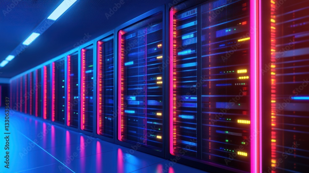 Futuristic server room with colorful neon lighting Futuristic server room with colorful neon lighting