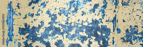 Obraz na płótnie Peeling paint on the wall. Panorama of a concrete wall with old cracked flaking paint. Weathered rough painted surface with patterns of cracks and peeling. Panoramic texture for background and design. w salonie