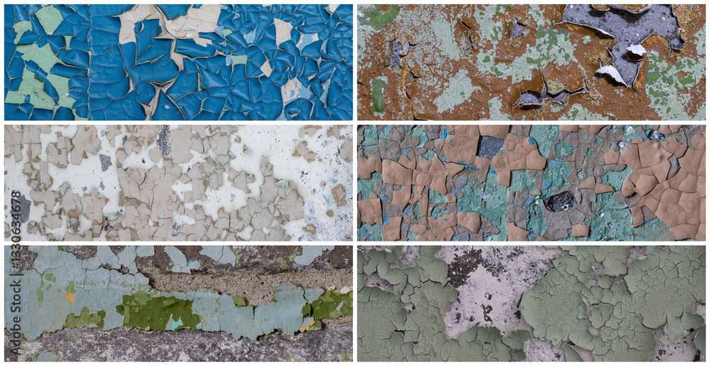 Set of peeling paint textures. Old concrete walls with cracked flaking paint. Weathered rough painted surfaces with patterns of cracks and peeling. Collection of panoramic backgrounds for design.