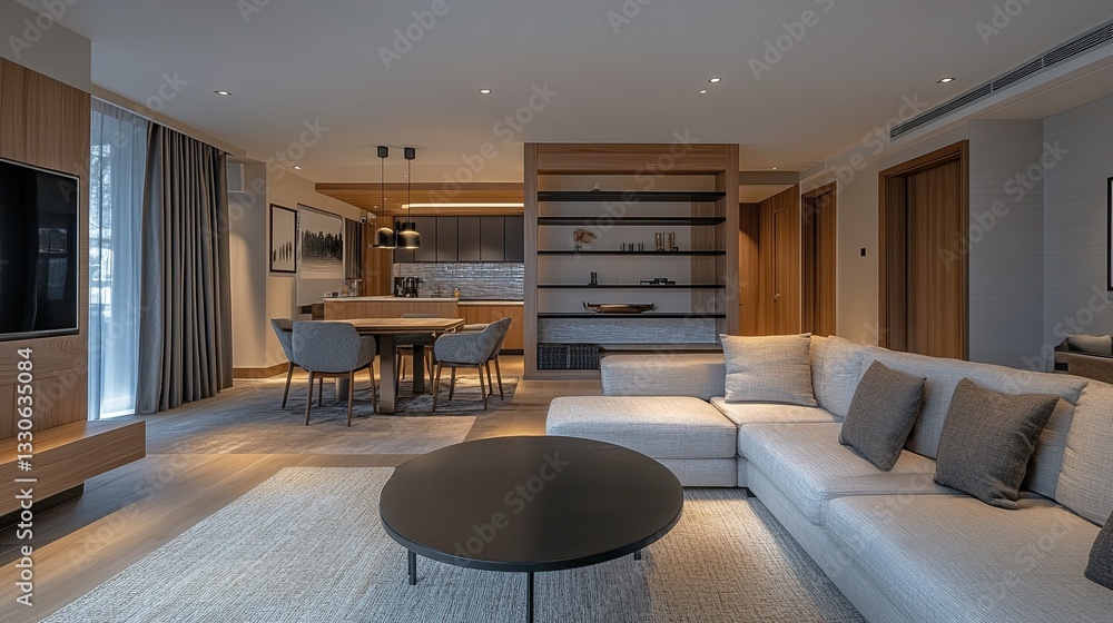 A spacious living room showcasing a sofa, table, chairs, and a shelf, arranged in a cozy, functional layout A spacious living room showcasing a sofa, table, chairs, and a shelf, arranged in a cozy, functional layout