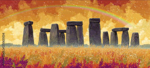 Stunning Vector Image of Stonehenge at Sunset with Vibrant Rainbow and Colorful Flower Field - Captivating Ancient Monument Art for Nature and History Enthusiasts