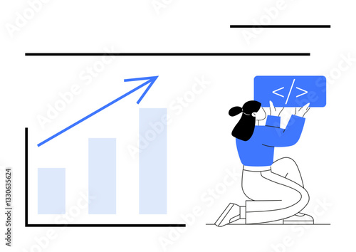 Growth chart with upward arrow next to woman holding a code panel. Ideal for technology, coding, growth, progress, analytics, education, software development. Flat simple metaphor