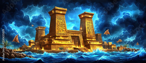 Mystical Ancient Temple by the Sea with Dramatic Sky and Flying Creatures | Surreal Fantasy Illustration | Vibrant Blue Waves and Lush Natural Elements