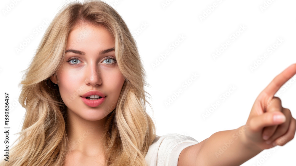 Obraz premium Blonde woman pointing finger on transparent background