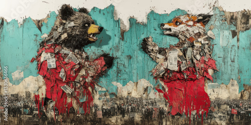 Intricate Vector Art of Bear and Fox in Newspaper Collage Amidst Teal Background with Abstract Texture - Symbolizing Communication and Nature's Dialog