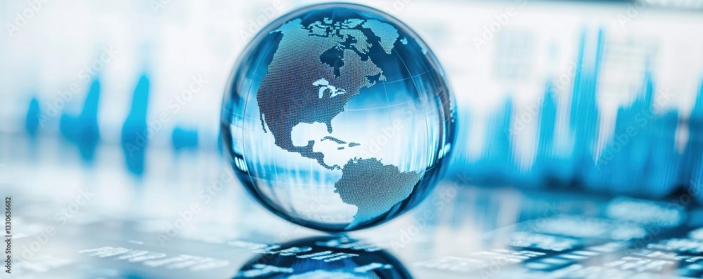 A glass globe with the map of North America is placed on top of a stock market graph, with a white background and a blue color theme The globe has global financial data and rising lines Generative AI A glass globe with the map of North America is placed on top of a stock market graph, with a white background and a blue color theme The globe has global financial data and rising lines Generative AI