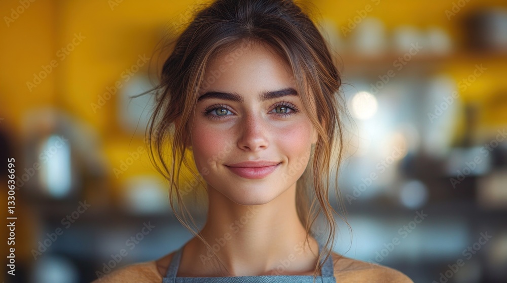 Smiling barista in apron at cafe with yellow background Smiling barista in apron at cafe with yellow background