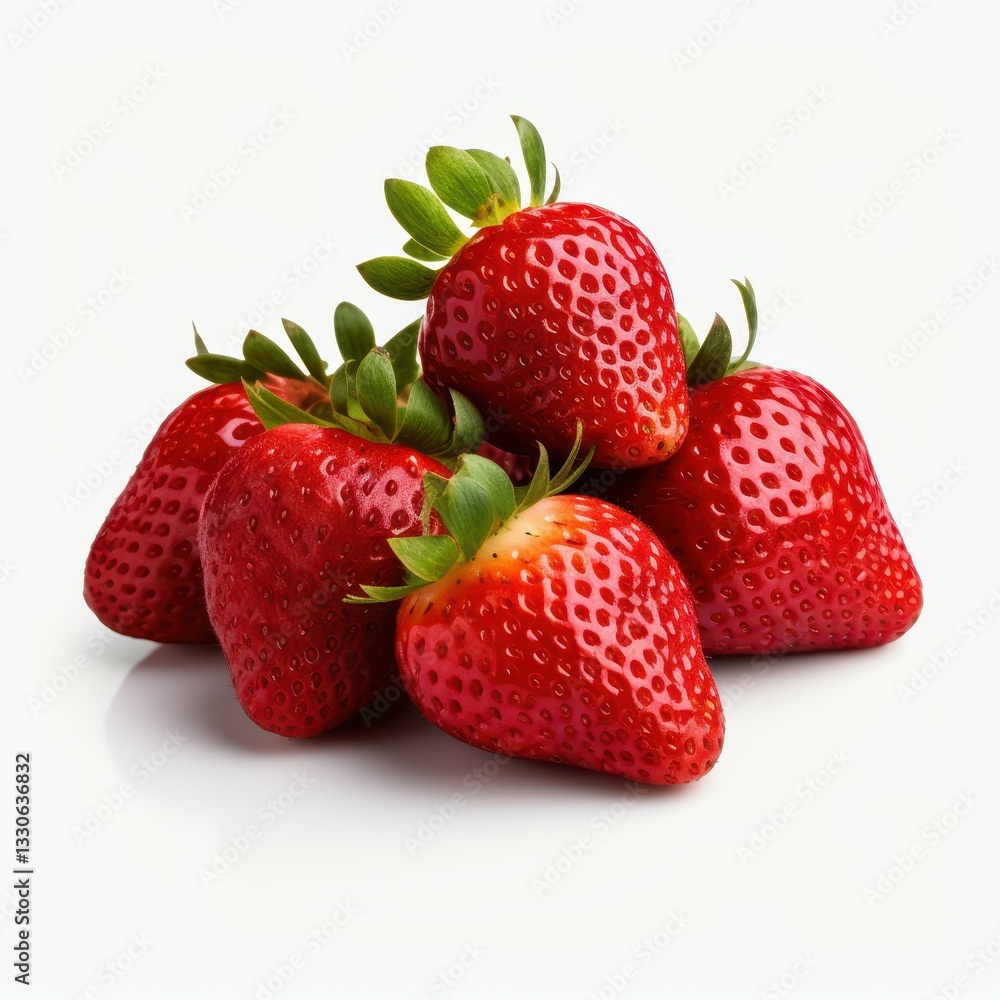 Bright, ripe strawberries laid out on a clean white background, showcasing their vibrant color and juicy appeal. Bright, ripe strawberries laid out on a clean white background, showcasing their vibrant color and juicy appeal.
