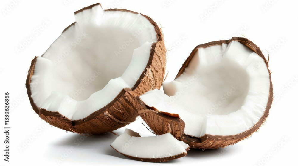 Halved coconut showcases its rich, creamy flesh, perfect for culinary delights and healthy snacks. Freshness in every bite Halved coconut showcases its rich, creamy flesh, perfect for culinary delights and healthy snacks. Freshness in every bite