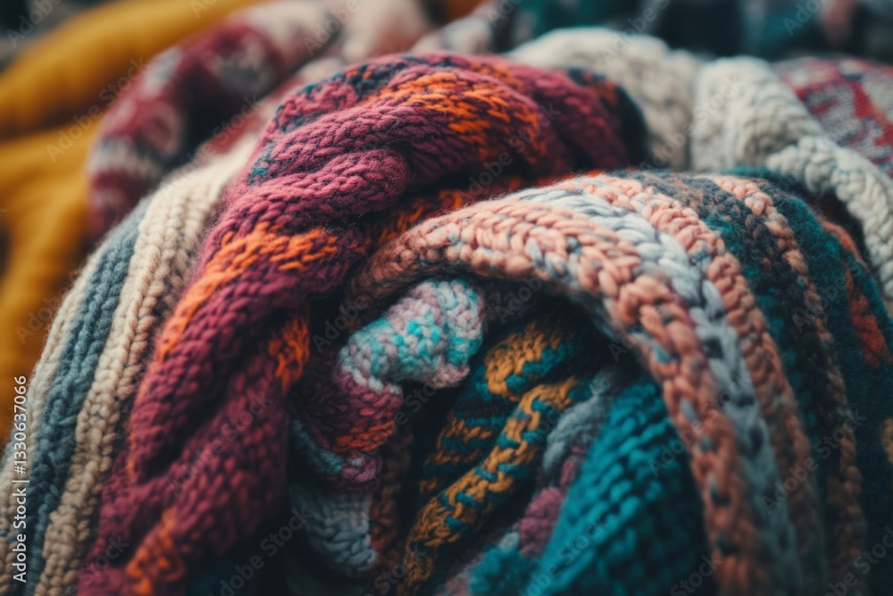 Knitted Textile Swirl in Pink, Orange, Blue, and White Colors, with Wool Pattern and Textured Weave Close Up Knitted Textile Swirl in Pink, Orange, Blue, and White Colors, with Wool Pattern and Textured Weave Close Up