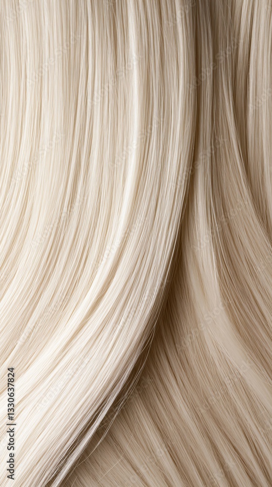 Naklejka premium Sleek Platinum Blonde Hair Flowing Over a Clean Monochrome Background, Shimmering Under Soft Light. Copy space. Generative AI