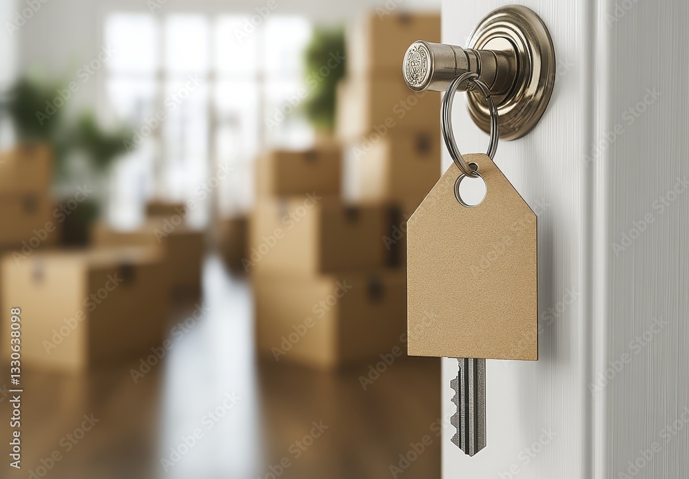 Fototapeta premium Key with Tag Hanging from Door Lock in Front of Moving Boxes in a Bright and Open Living Space