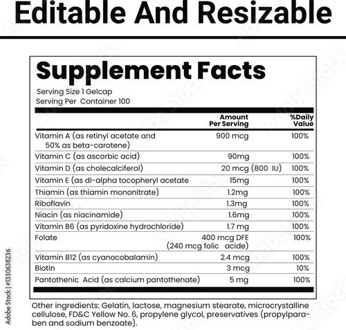 Supplement facts Label design template for food content. Vector serving, fats and diet calories list for fitness healthy dietary supplement, protein sport nutrition facts