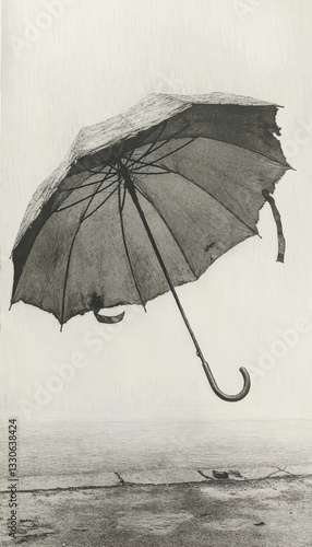 Vector Illustration of Weathered Vintage Umbrella Floating in Rain: Artistic Representation of Erosion Over Time, Ocean View, Artistic Texture, Stormy Mood