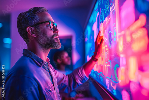 Teacher Using a Holographic Board to Teach in a Neon Classroom at Dusk photo