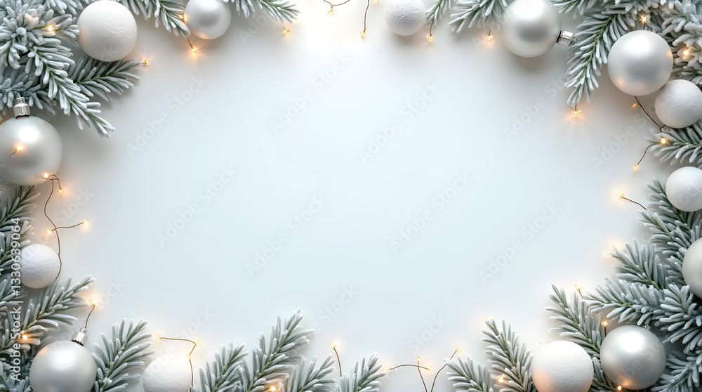 Elegant White Christmas Ornaments Snowy Pine Branches Fairy Lights Border Elegant White Christmas Ornaments Snowy Pine Branches Fairy Lights Border