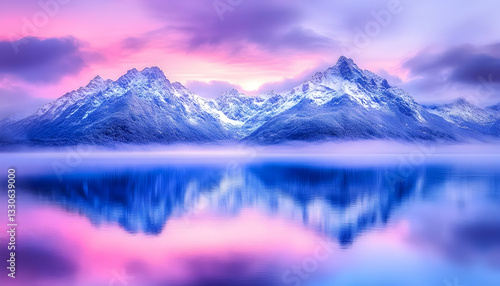 Wallpaper Mural Majestic mountain peaks, snow-capped, serene lake reflection, vibrant colors Torontodigital.ca