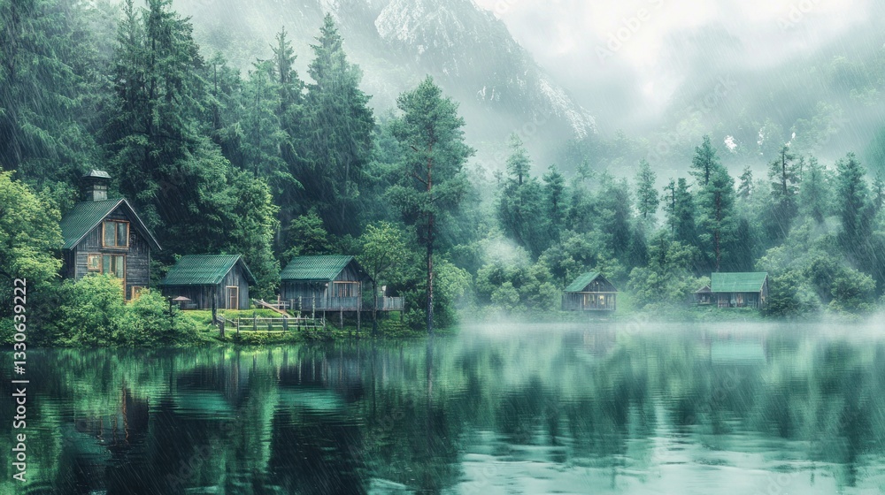 Fototapeta premium Misty mountain lake with cabins. Lush forest surrounds tranquil water