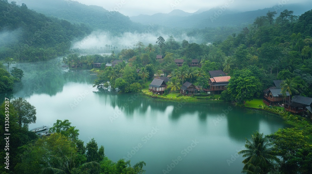 Fototapeta premium Misty lake nestled in a lush valley