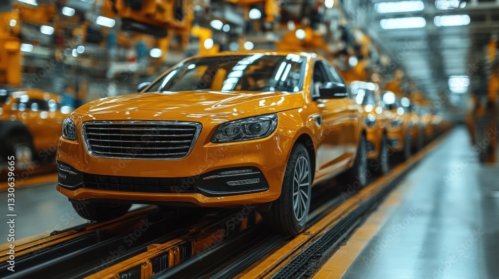 Fototapeta premium Assembly Line: A Golden Car on the Move