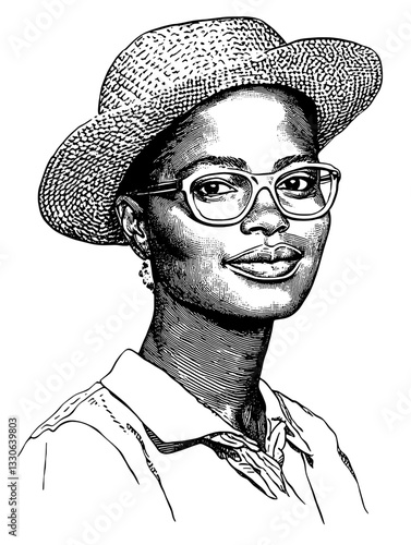 Hand-drawn vintage engraving of a woman wearing glasses and a straw hat showcasing unique character and style
