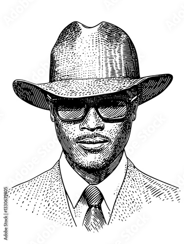 Vintage hand-drawn illustration of a stylish man in a suit with a hat and sunglasses exuding an air of confidence