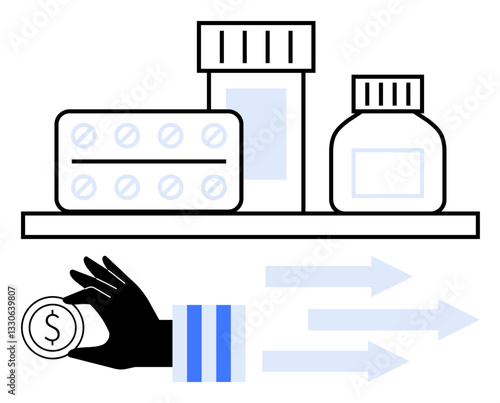 Medicinal bottles and pills on a shelf, hand holding money coin, arrows denoting transaction and exchange. Ideal for healthcare, pharmacy, commerce, medical trade, payment, economy flat simple