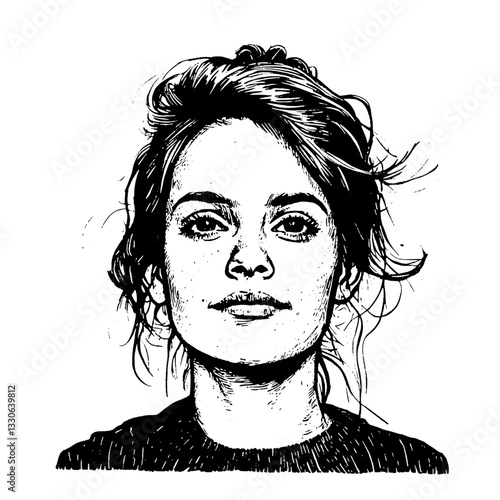 Hand-drawn vintage vector illustration of a confident woman with tousled hair and a bold expression suitable for tattoo and product design