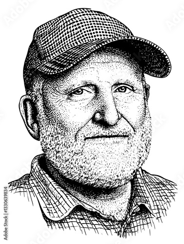 Hand-drawn vintage illustration of a smiling man wearing a cap, highlighting the charm of traditional engraving techniques