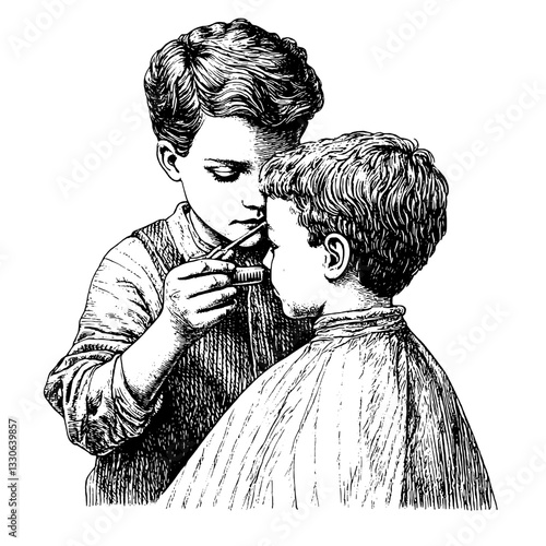 Two boys engaged in a vintage barbering activity showcasing hand-drawn illustration style