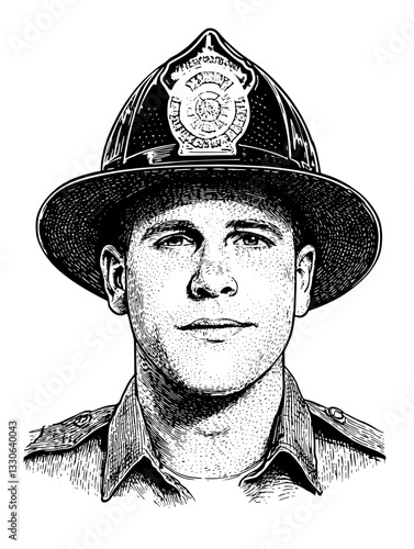 Engraved illustration of a vintage police officer in a classic hat with an emblem