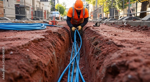 Worker carefully lays vibrant blue cables in trench. AI Generated